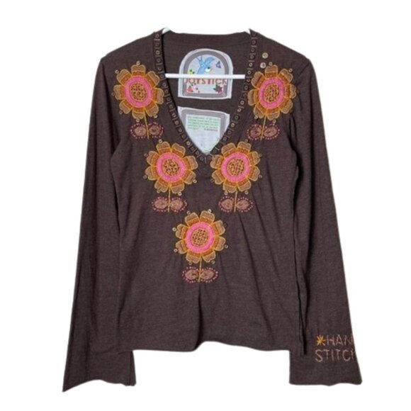 Johnny Was Tops - Johnny Was joystick brown floral heavy embroidered top womens S hippie boho